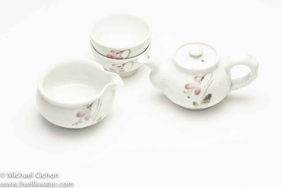 2 Cup Korean Tea Set-white with flower design